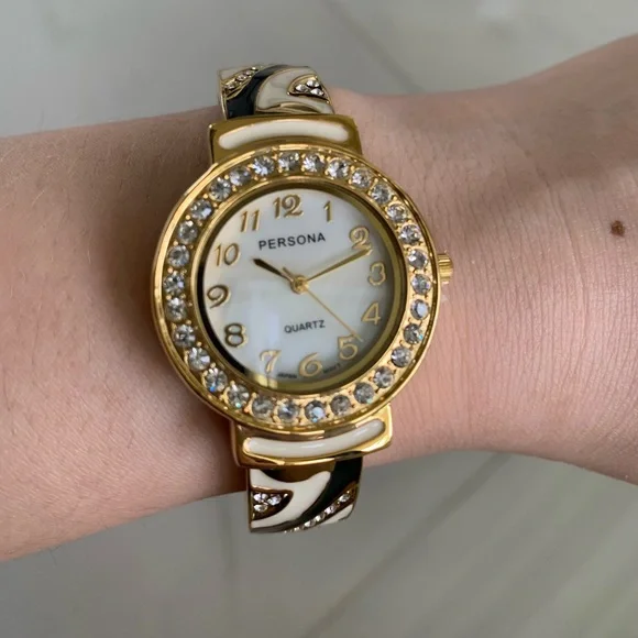 NEW Persona Black White Enamel Rhinestones Mother Of Pearl Face Ladies Watch - Picture 2 of 3